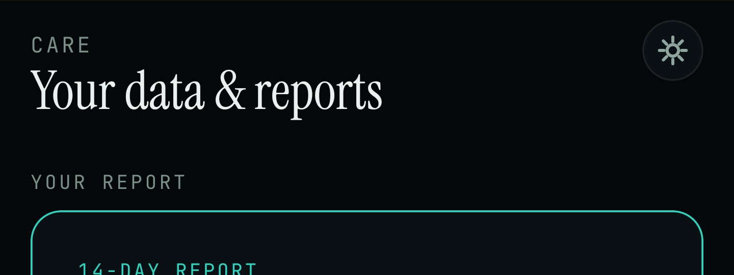 The Care tab in Endobits, showing the Your data & reports screen