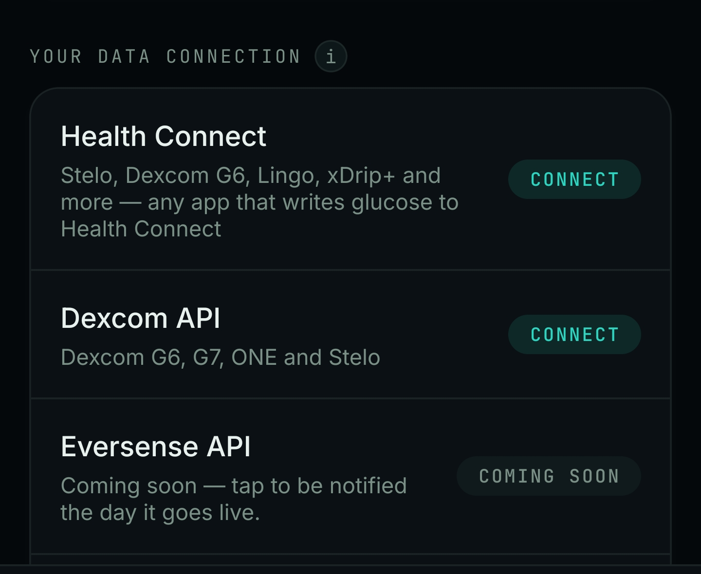 The Your data connection list in Endobits, showing Health Connect, Dexcom API and Eversense API