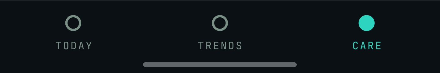 The bottom navigation bar in Endobits, with the Care tab highlighted